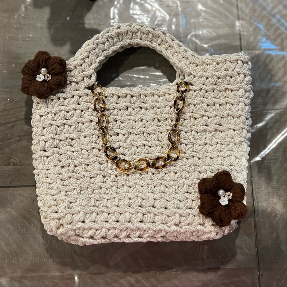 Small Chic Crochet Cream Tote Bag with Brown Floral Details
